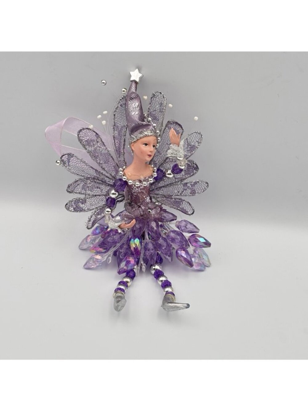 Vintage Purple Pixie Fairy Christmas Tree Ornament Hanging Beaded Shiny 8” Girl - Picture 6 of 16